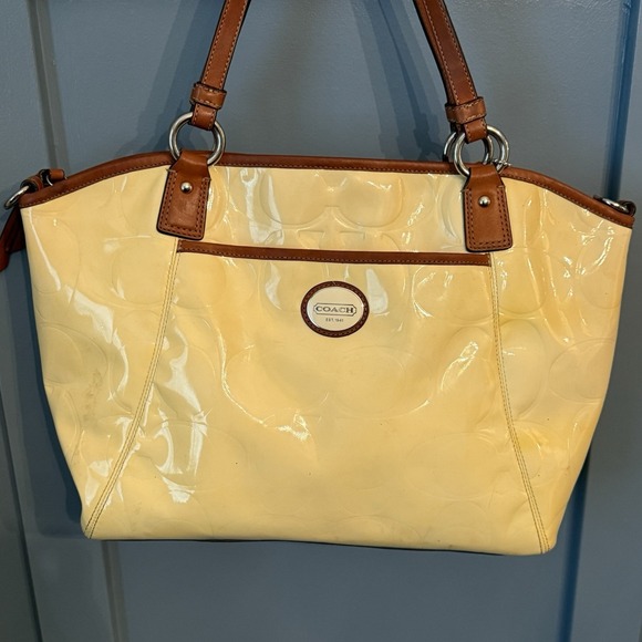Coach Peyton Patent Leather Shoulder Tote F20028 Butter Yellow Cognac Trim Purse - Picture 2 of 14